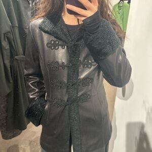 Black Leather Toggle Coat with Knit Trim